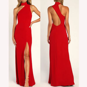 LULU'S M Keep It Interesting Red Asymmetrical Cutout Halter Maxi Dress NEW b52
